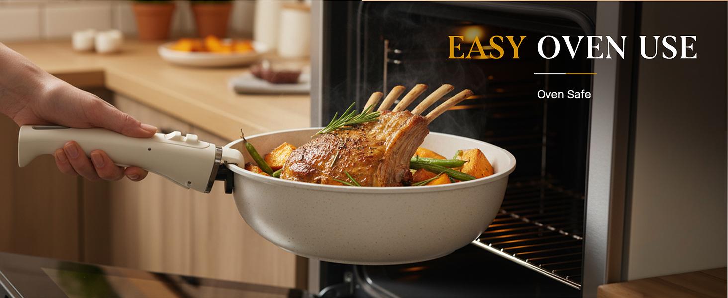 USELUCK 20-Piece Non-Stick Cookware Set with Detachable Handles, Stackable Pots & Pans, Oven Safe, Healthy RV Set with Induction Lids, Silicone Turner, Ladle, Tongs, Glass Lids