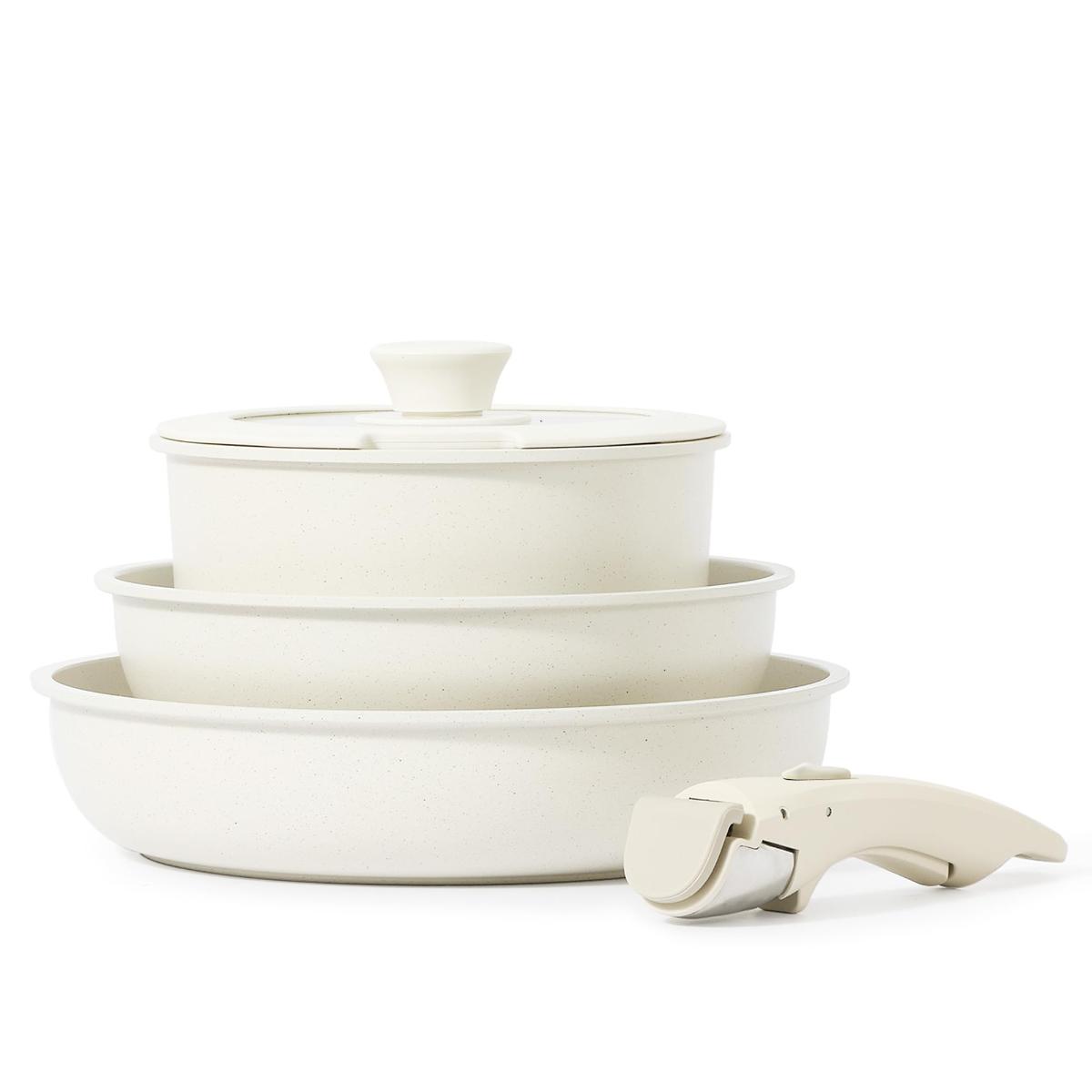 CAROTE Nonstick Cookware Sets, Non Stick Pots and Pans Set Detachable Handle, Kitchen Cookware Sets with Removable Handle, Stackable RV Cookware for Campers, Oven Safe (White 5 PCS) Aluminium