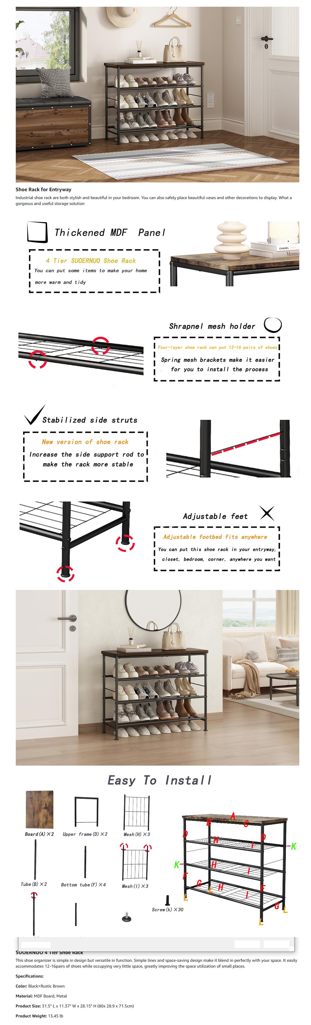 SUOERNUO 4 Tier 5 Tier 6 Tier Shoe Rack Organizer for Closet Entryway Free Standing Metal Storage Shelf with MDF Top Board Modern Furniture for Bedroom Organization