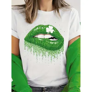 White Glitter Green Dripping Lip Shamrock Graphic T-Shirt for Women's Casual Short Sleeve Round Neck Tee with Glossy Lip Print Ideal for St Patrick's Day Celebrations