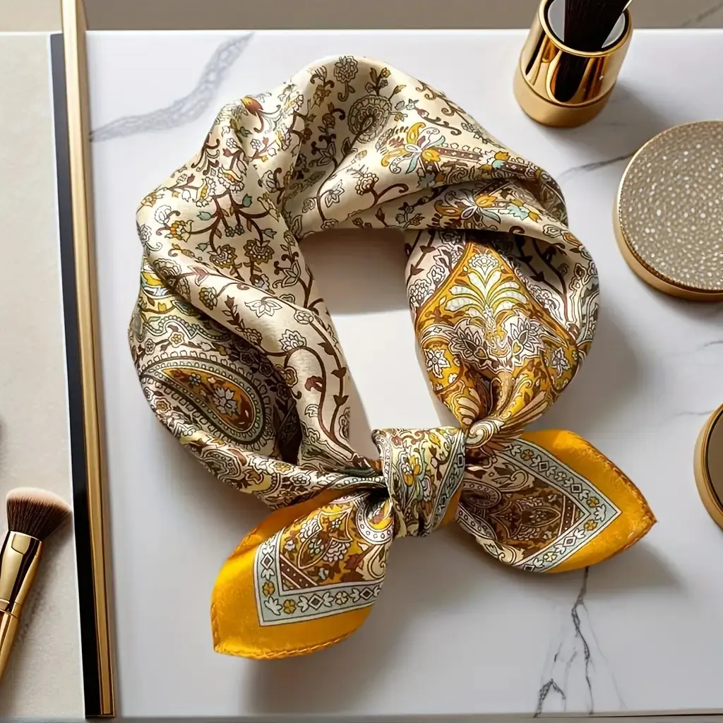 Women's Elegant Paisley Print Scarf, Casual Soft Polyester Square Bandana for All Seasons, Versatile Neck Wrap with Sun Protection