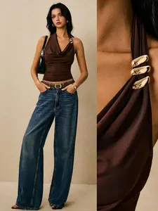 OFFGRID x Poéselle Brown Top, Swing Collar Design,Halter Neck Design,Women's Summer Metal Decor Halter Stylish