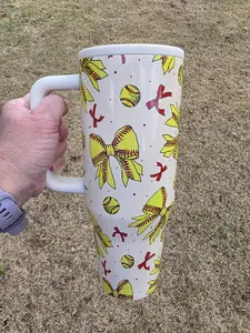 Softball and Bows 40 oz No Spill Lid Double Wall Insulated Stainless Steel Tumbler