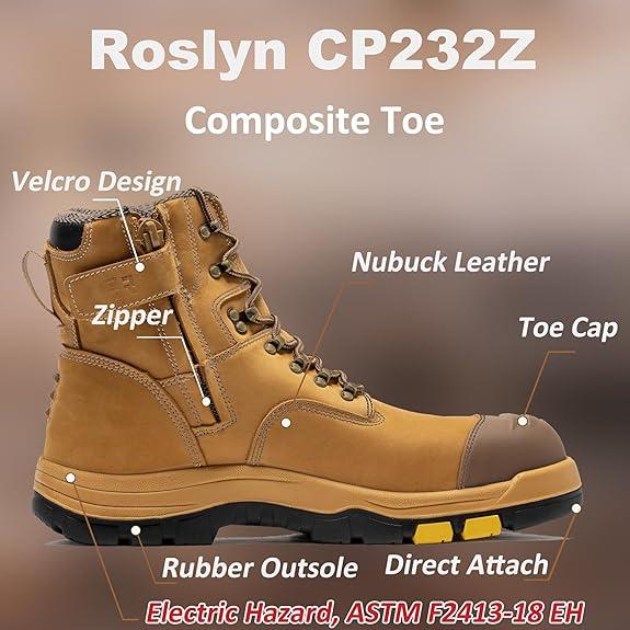 ROCKROOSTER Roslyn CP232Z-245Z Men's Composite Toe Safety Work Boots with Side Zipper Non-slip Rubber Outsole ASTM F2413-18 EH Rated Closed Toe Walking Shoes Cover Boy