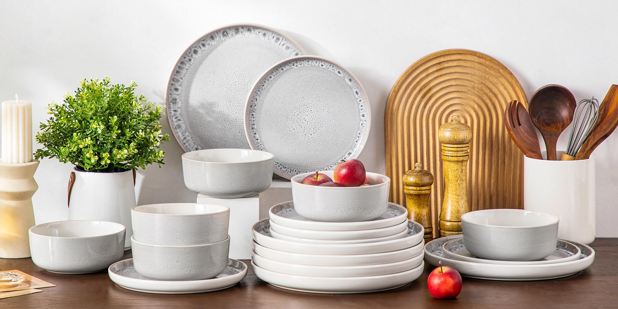 vancasso Stoneware Dinnerware Set – 16/18/24-Piece Plates and Bowls Set for 4/6, Reactive Glaze Mediterranean Style Crockery, Chip-Resistant, Dishwasher & Microwave Safe