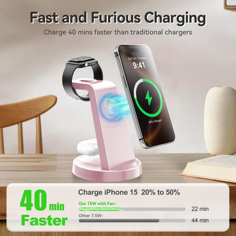Premium Wireless Charger Stand with Case-On Charging & Sleep-Friendly Mode for iPhone, Samsung, Apple Watch & AirPods — Includes Power Adapter