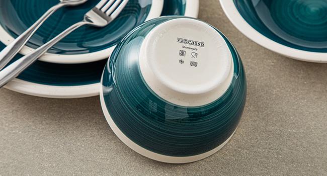 vancasso ORI 16-Piece Round Dinner Service with 4 Dinner Plates, Dessert Plates, Cereal Bowls and Pasta Bowls for 4 People, Beige, Blue, Green & Gray Ceramic Dinnerware Set Porcelain Dinnerware Sets