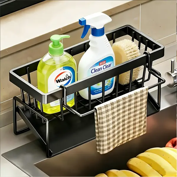 Decorative kitchen sink drain rack, multi-functional storage rack, hanging design with built-in sponge holder and dish brush holder - space-saving, sturdy carbon steel material, upper and lower compartments, compatible with dish racks, easy to clean.