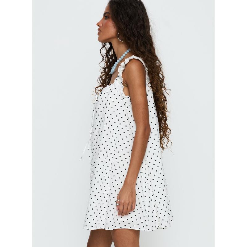 Swing Mini Dress White Polka Dot