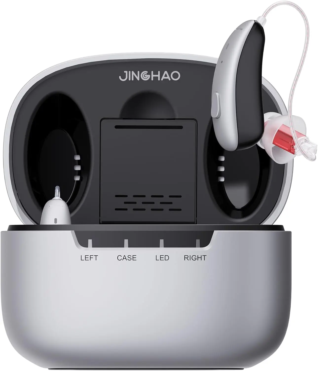 JINGHAO Hearing Aids for Seniors, 16-Channel Rechargeable Hearing Amplifiers with Noise Cancelling, RIC Design for Comfort & No Whistling, Portable Charging Case, Longtime Battery Life, Silver Black