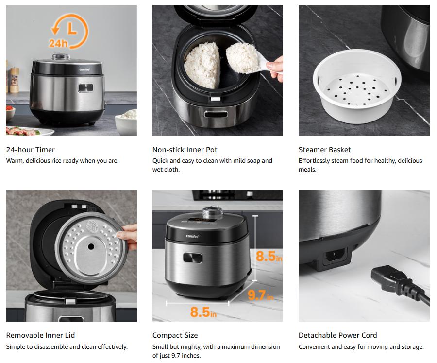 COMFEE' Compact Rice Cooker 8 Cups Cooked/4 Cups Uncooked, 9-in-1 Multi Cooker, Fast Rice Maker, Steam, Brown Rice, Grains, Fuzzy Logic Technology, Grey, Hoiday Haul, Gift