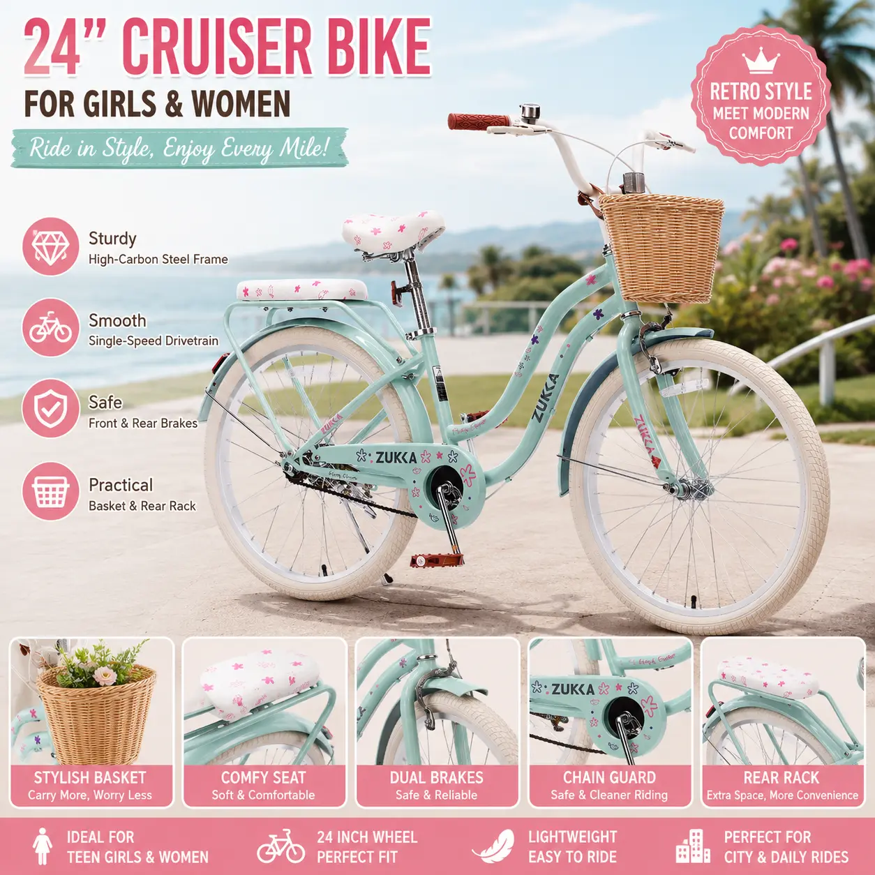 Vintage Princess Cruiser Bike for Women, 24-Inch Single Speed High-Carbon Steel Frame Bicycle with Basket, for Casual Cycling & City Cruising, Princess Vibe Retro Look