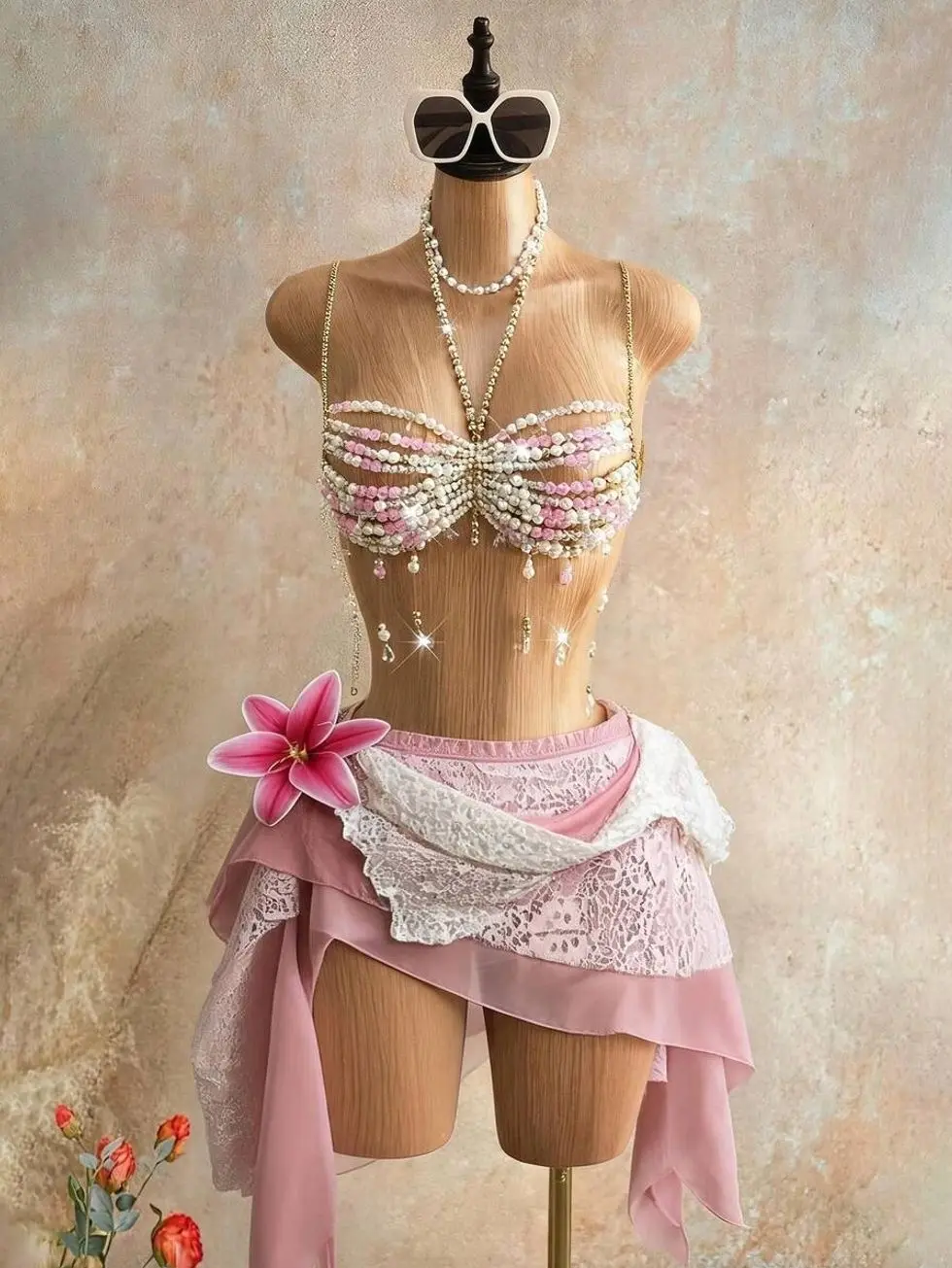 Women's Beaded Camisole Top With Elegant Pearl Floral Details And Flowy Design, Sexy Disco-Inspired Style For Beach Vacation, Concert, Rave, Party, Club And Night Out