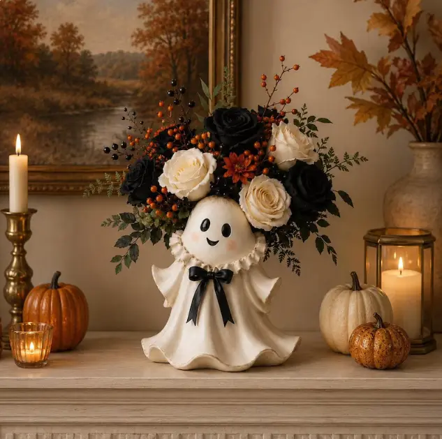 Spooky Cute Ghost Flower Vase - Gothic Black & White Rose Floral Planter with Bowtie, Halloween Tabletop Centerpiece, Fall Home Accent, Viral TikTok Gift for Home & Garden Decor miniature