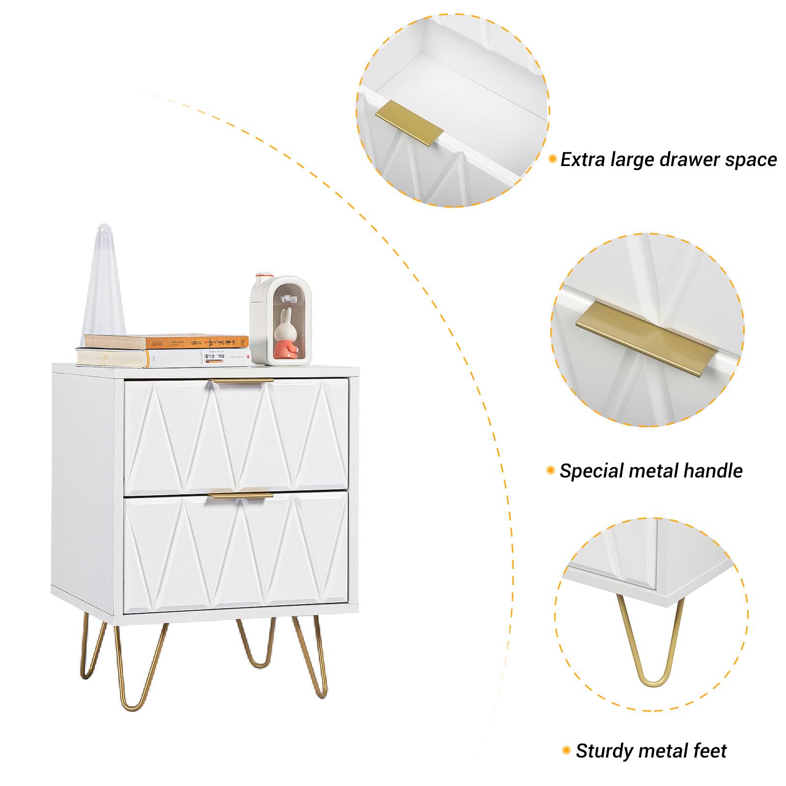 2pcs Nightstand Modern Bedside Table with 2 Drawers & Gold Metal Legs, Simple and Elegant Bedside Table,Night Stand Metal Legs for Bedroom Living Room