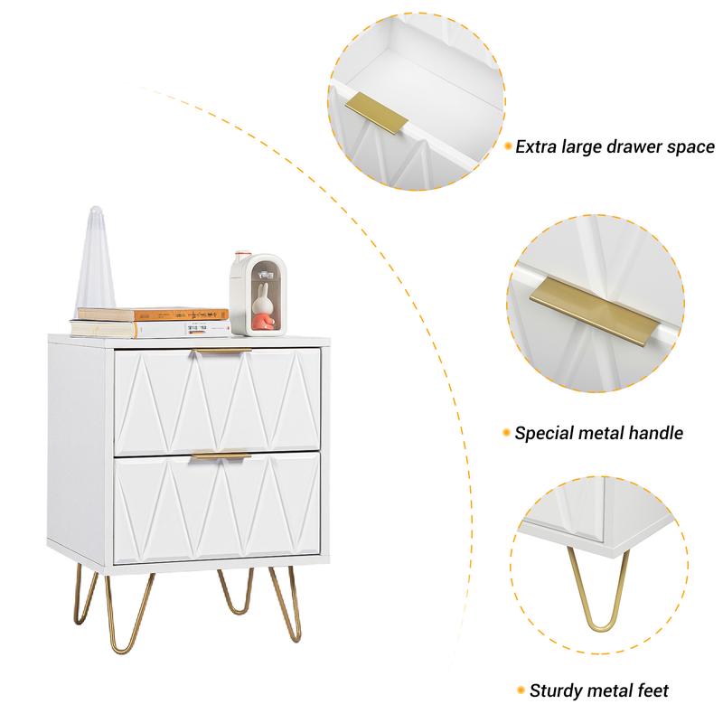 2pcs Nightstand Modern Bedside Table with 2 Drawers & Gold Metal Legs, Simple and Elegant Bedside Table,Night Stand Metal Legs for Bedroom Living Room