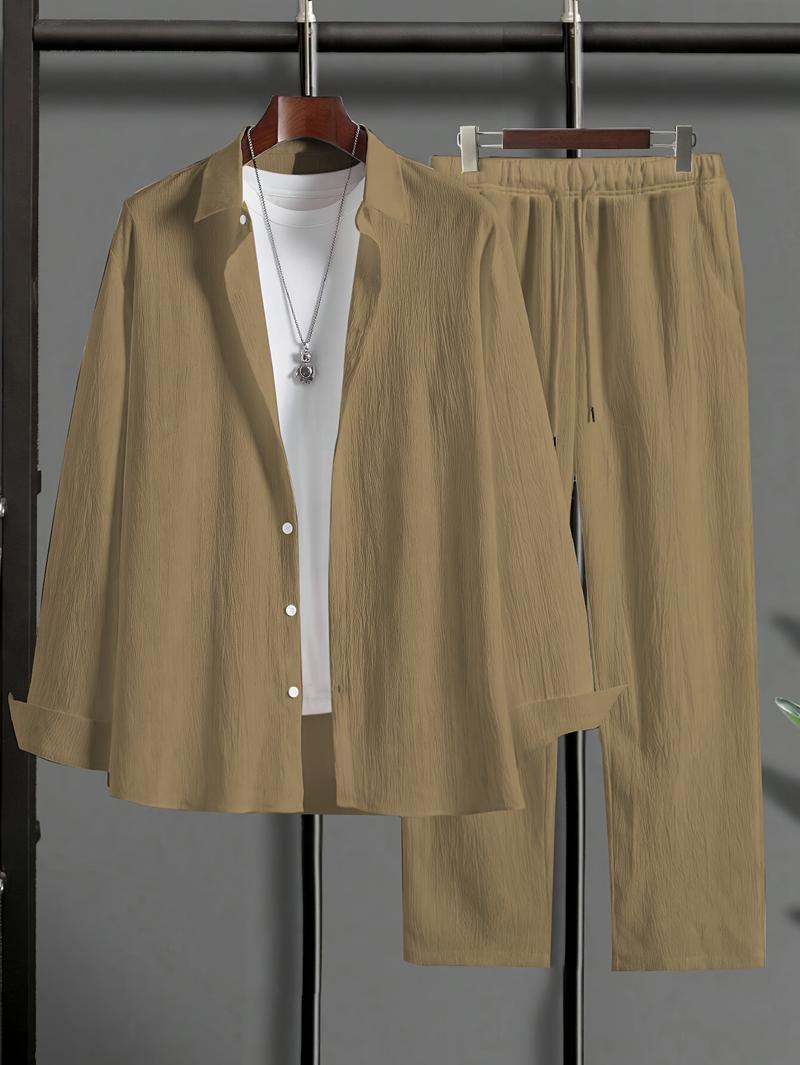 Men's Casual Long Sleeve Shirt & Stretch Trousers Set - Solid Color Relaxed Fit, Soft Rich Texture for Fall Fashion, Office Work & Daily Comfort