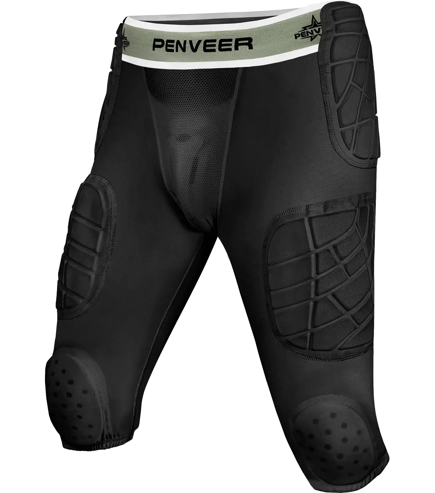 Penveer Men's 7-Pad Football Girdle - Low Profile Compression Shorts with Cup Pocket, 4-Way Stretch Fabric (12% Spandex), 2" Waistband, Mesh Ventilation Panels, Secure Hold, Breathable American Football Training Equipment for Youth, Spine Protection, Male