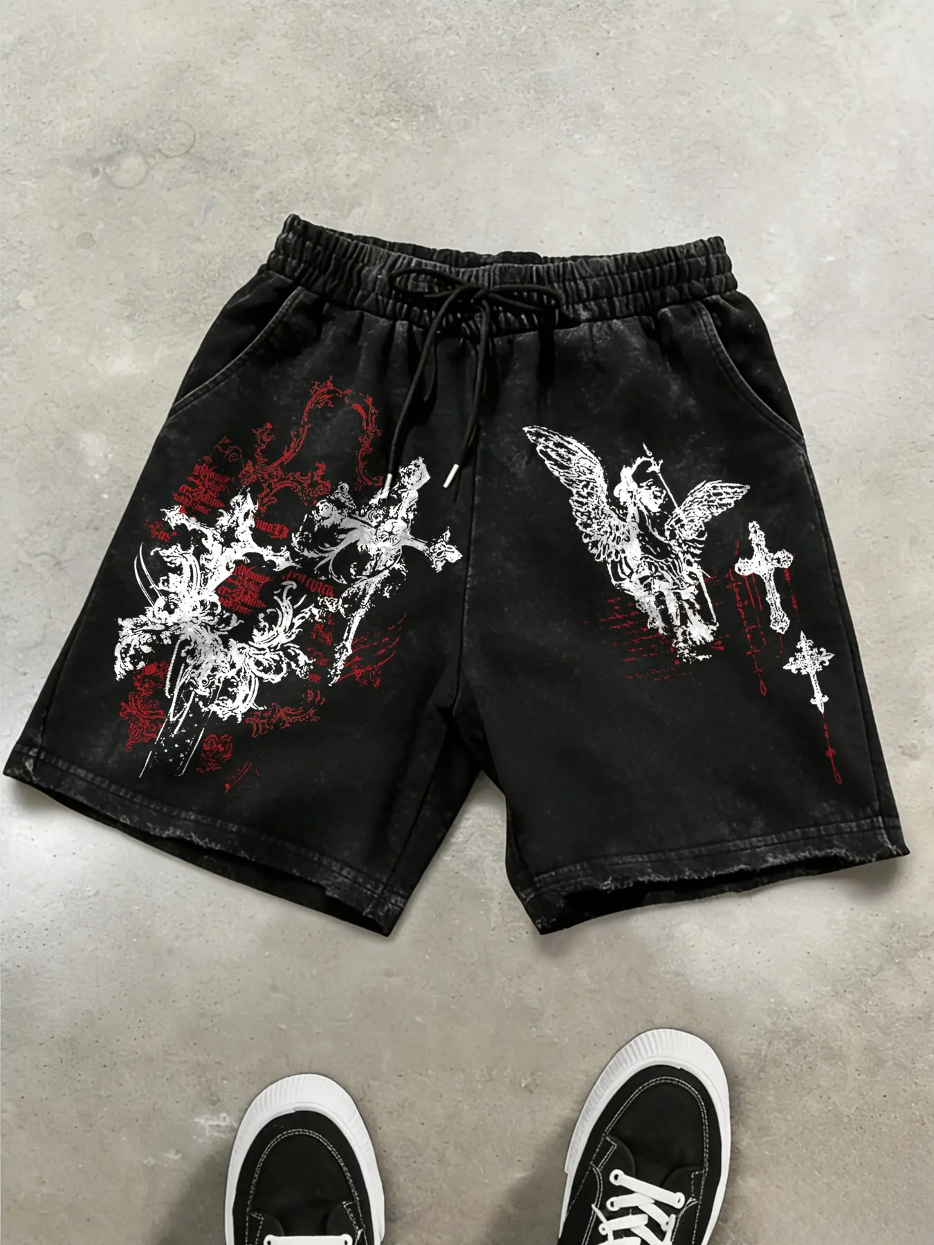 Unisex Gothic Graphic Print Washed Cotton Elastic Shorts, Fashionable Summer Shorts, Casual Summer Wear, Comfortable and Stylish, Perfect for Daily Use