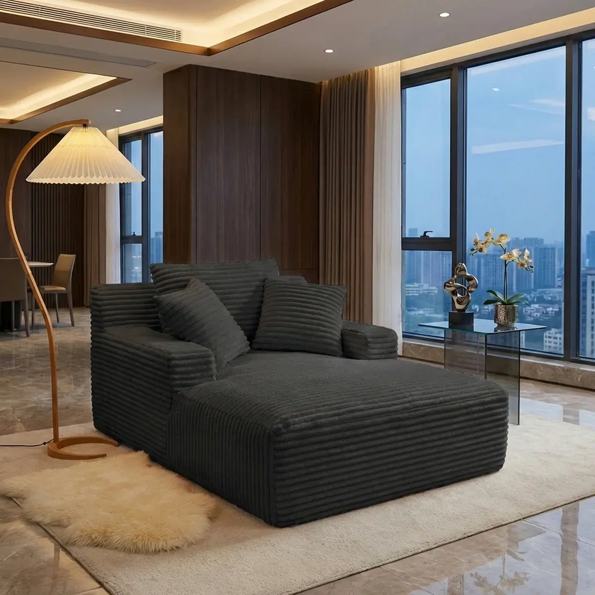 67‘’ modern Boneless Chaise Lounge, Upholstered cloud modular Sofa Bed with Throw Pillows and Armrests, Couch Sectional, No Assembly Required, Indoor Sleeper Chair- Luxurious Plush Corduroy Chair Bed for Living Room Foam Comfy