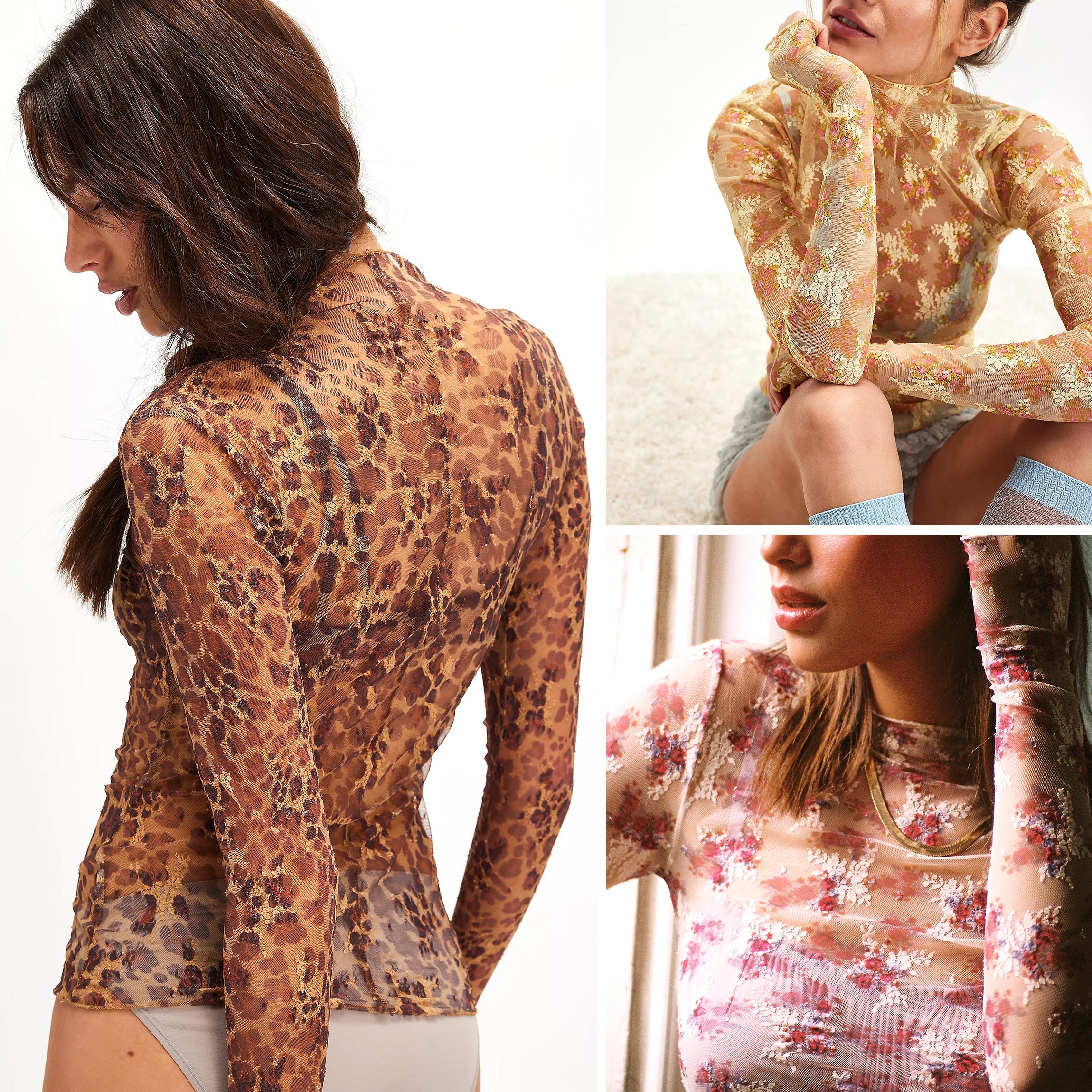 Buenoble Women's Sheer Leopard Mesh Long Sleeve Top Y2K Slim Fit Mock Neck See Through Layering Shirt Buenoble Women's Sheer Leopard Mesh Long Sleeve Top Y2K Slim Fit Mock Neck See Through Layering Shirt