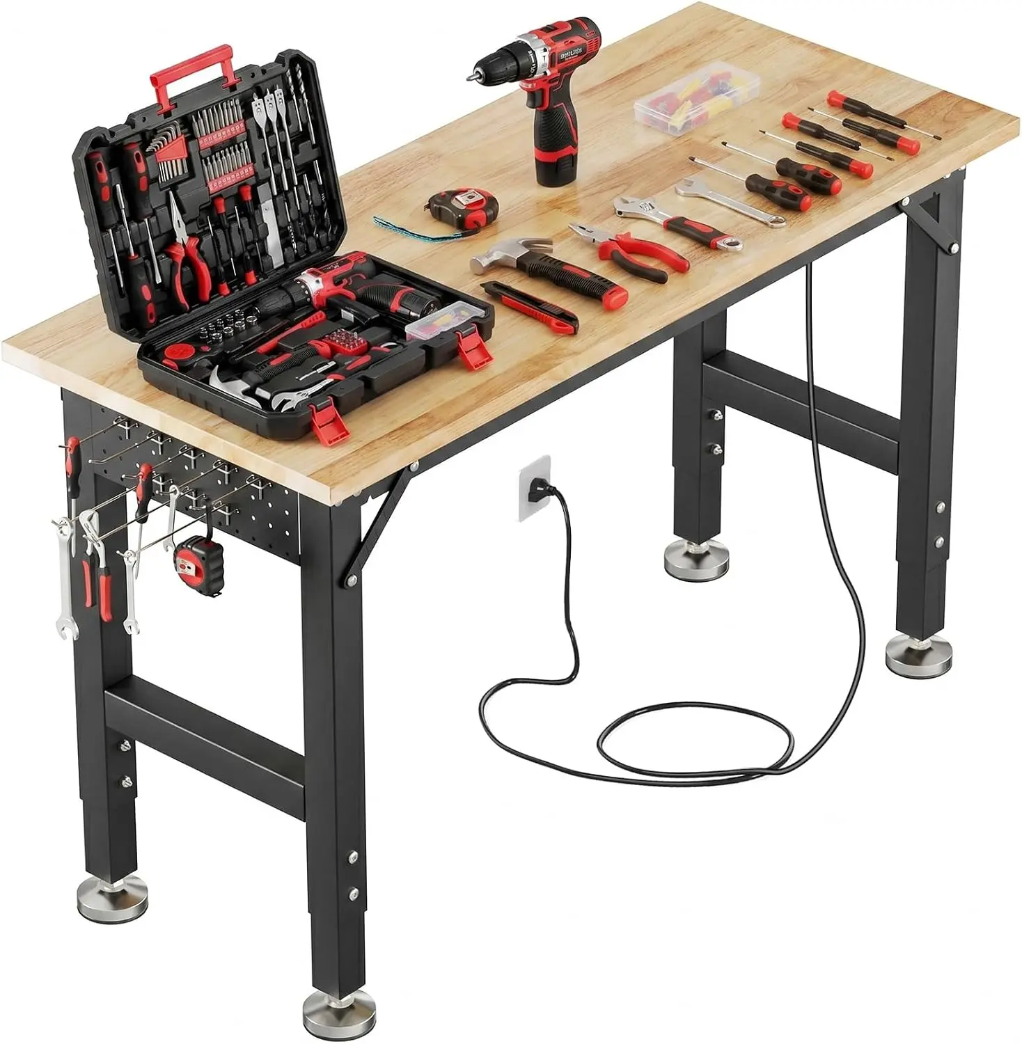 TLGREEN 48" x 20" Heavy Duty Workbench, 2000 LBS Capacity, 31.5-39.5 in Adjustable Work Bench with Power Outlet & Pegboard for Garage