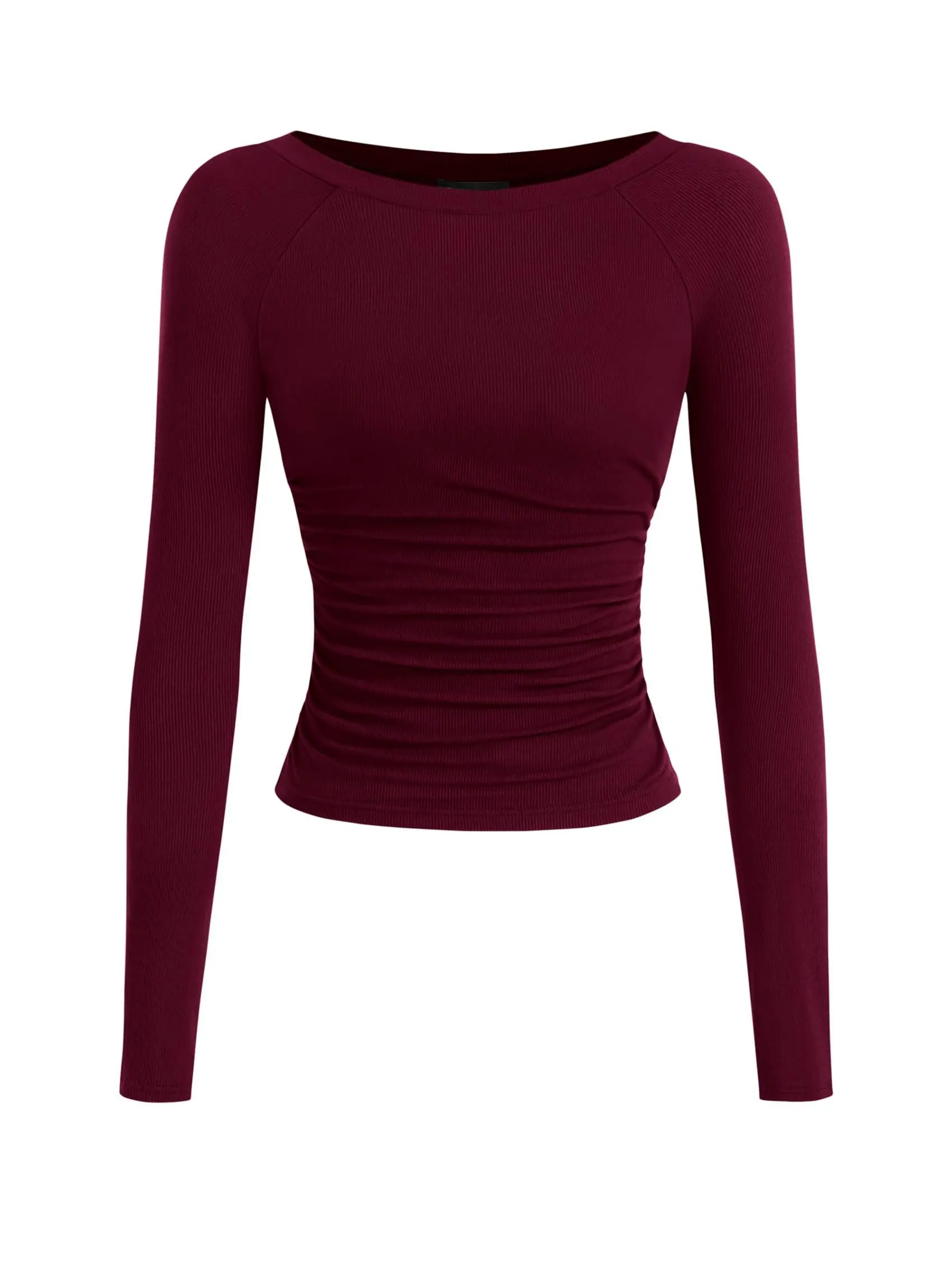 PRETTYGARDEN Long Sleeve Shirts for Women 2026 Fall Ruched Sides Boat Neck Basic Tee Casual Fitted Ribbed Knit Crop Tops