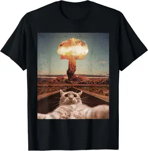 Cat Meme - Funny Cat Selfie with Nuclear Explosion Atom Bomb Summer Casual Shortsleeve Cotton T-Shirt Streetwear Crewneck
