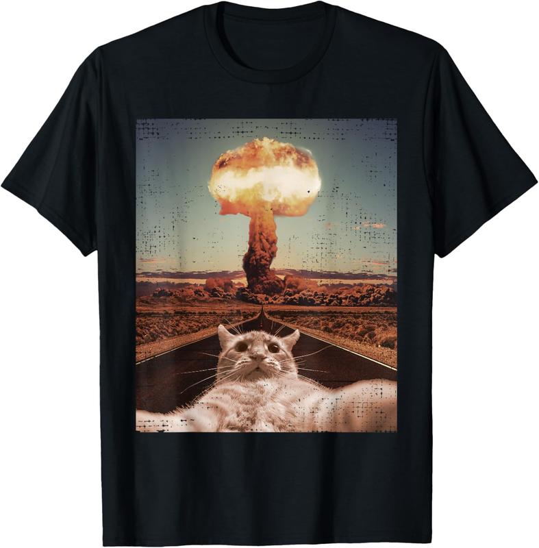 Cat Meme - Funny Cat Selfie with Nuclear Explosion Atom Bomb Summer Casual Shortsleeve Cotton T-Shirt Streetwear Crewneck