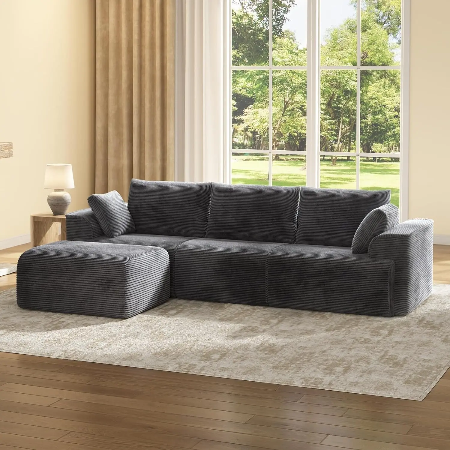 Sikaic 108 Inch Modular Sectional Sofa with Reversible Chaise, Grey Corduroy L-Shaped Couch with Deep Seating
