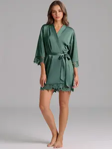 Azazie Lace Satin Adjustable-Tie Bridal Getting-Ready Loungewear Robe