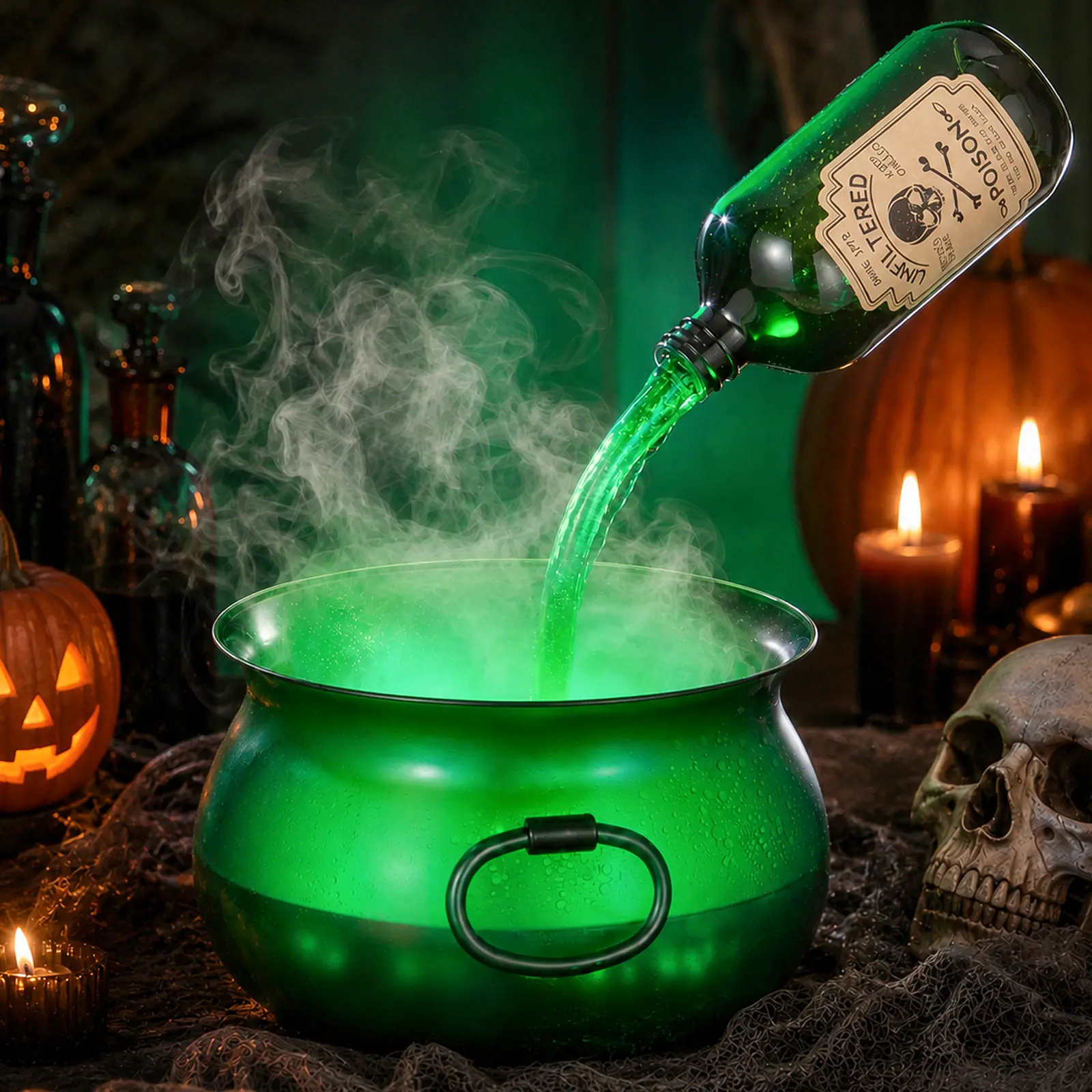 Spooky Halloween Indoor Decorations - Witch's Cauldron, Magic Floating Potion Bottles, and Fog Maker