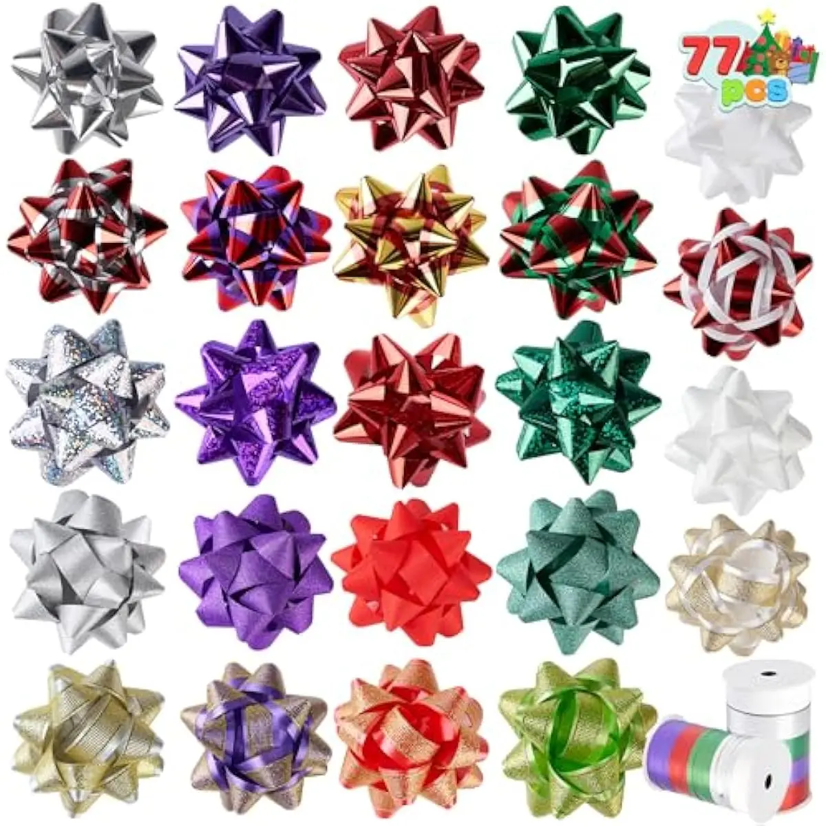 75PCS Christmas Bows Assortment with 2 Rolls of Curling Ribbons,5 Colors Self Adhesive Gift Bows for Gift Wrapping, Birthday Wedding Easter Xmas Presents Boxes Decoration