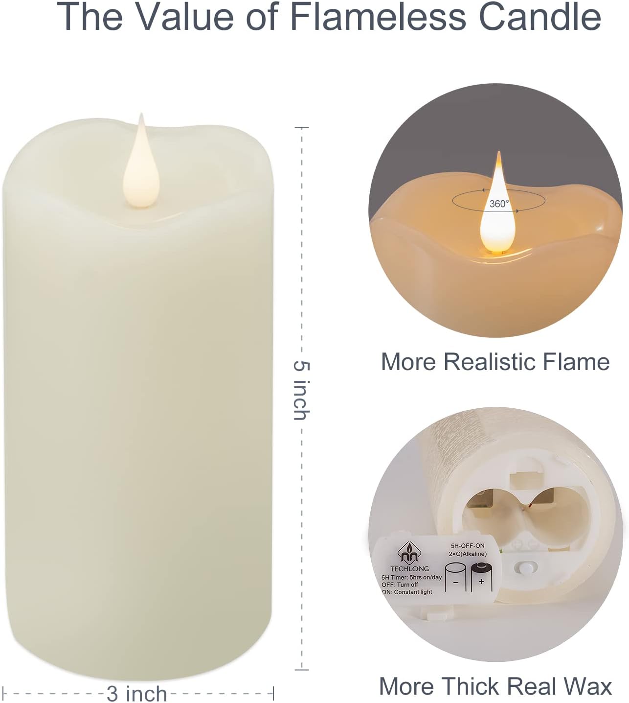 Flickering Flameless Candles with 3D Moving Flame, Last 1000+ Hours Battery Operated Candles with Timer, Ivory Real Wax Pillar Electric LED Candle for Wedding Christmas Party/3" x 5"