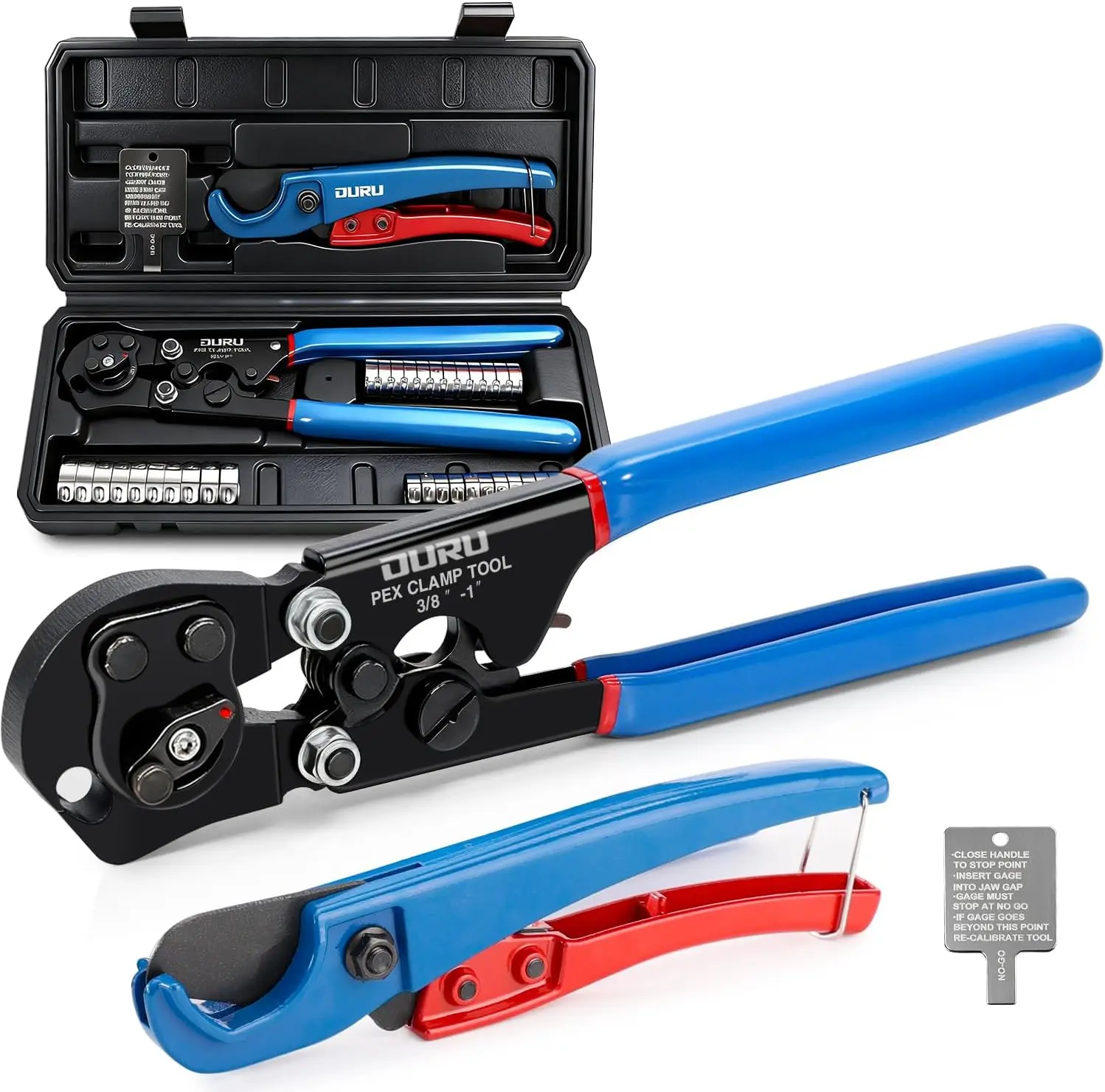 2-in-1 Ratchet PEX Crimping Tool Kit, Cinch and Clamp Removal Tool for 3/8"–1" PEX Pipe with Cutter, 35 Stainless Steel Clamps & Storage Case