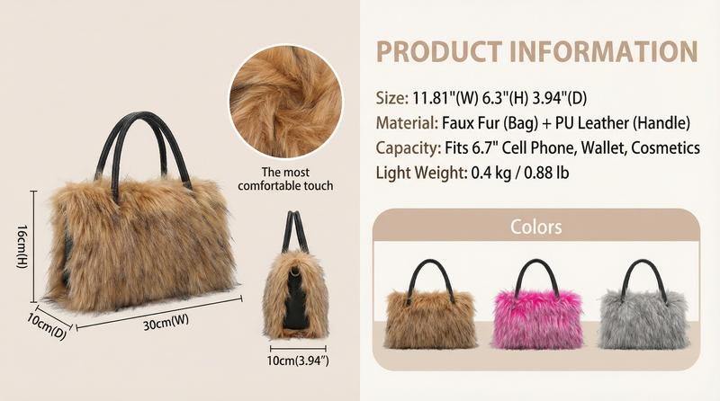 New Faux Fur Handbag Shoulder Purse Shoulder Crossbody Bag, Grab Handle & Strap, Fashion Design, Multiple Colors, Perfect Daily Accessory,Women's Shoulder Handbags Faux Fur Tote Bag Fluffy Satchel Handbags for Women, Mom, Friend, Bridesmaids