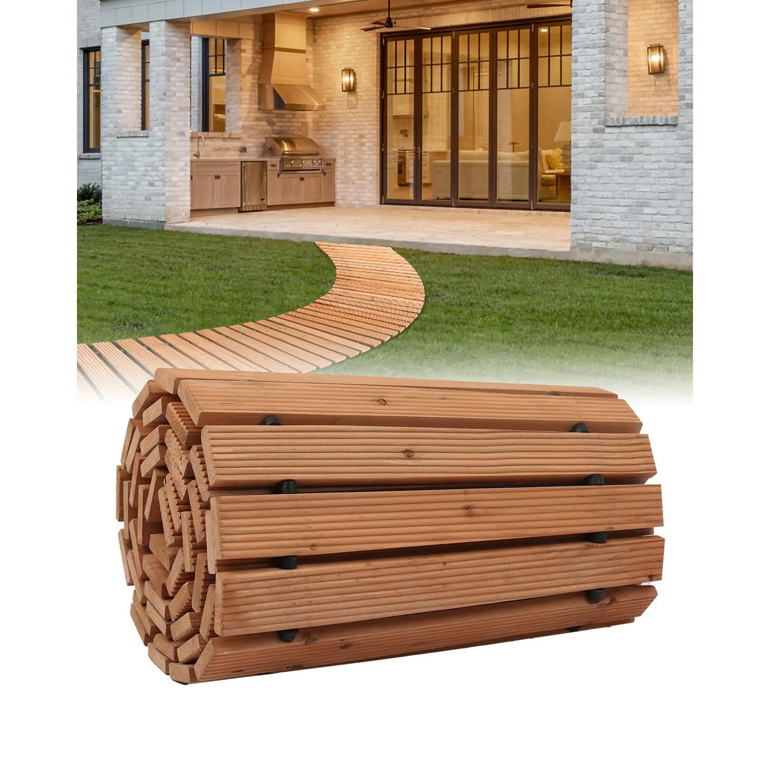 【SummerFinds】VEVOR Wooden Garden Pathway,  , 8 ft x 17 in, Non-Slip Curved Garden Walkway, Roll Out Cedar Outdoor Walkway Path with Wire Rope Connection, Decorative Lawn Paver for Backyard Boardwalk Wedding Party