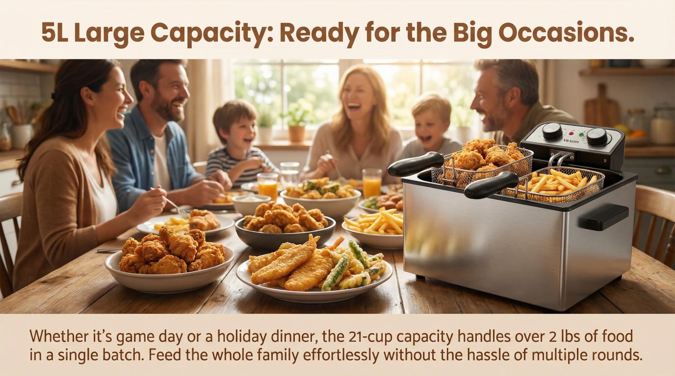 VEXON 5L Extra Large Deep Fryer with 3 Baskets – Family-Size 1800W High-Heat Frying, 21-Cup Capacity, Easy Clean, Perfect Gift for Home Cooking & Family Meals