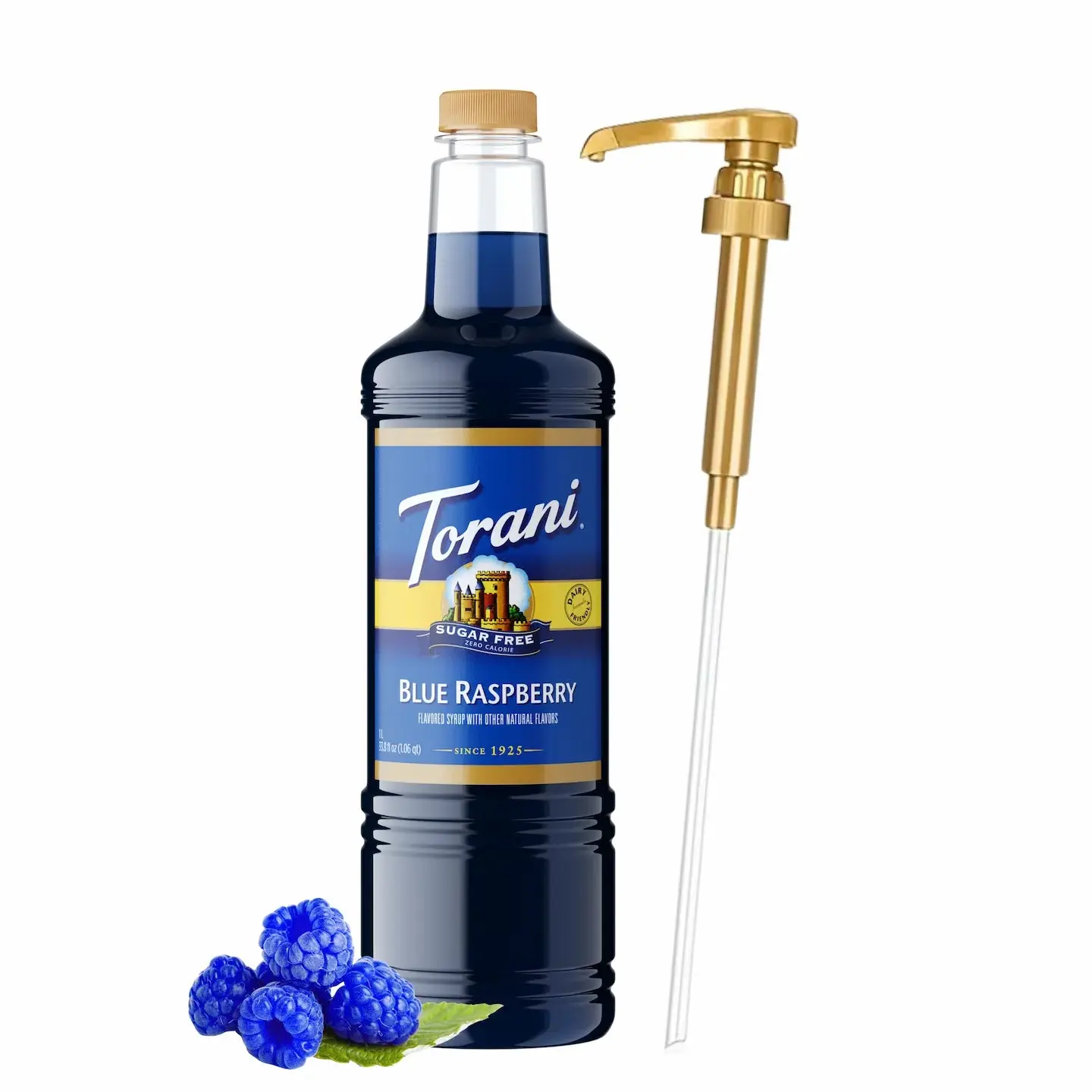 Torani Sugar Free Blue Raspberry Flavored Syrup, 1L Bottle with Pump - Sweet Sugar Free Syrups for Coffee, Drinks & Beverage Use
