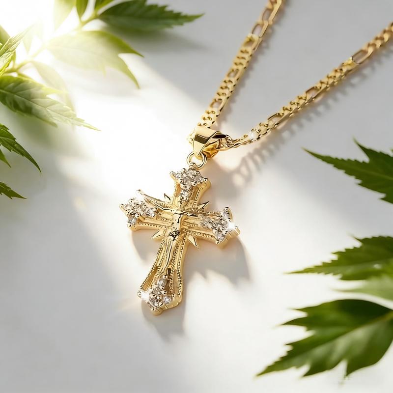 14K Gold-Plated Jesus Cross Pendant Necklace with Sparkling Accents Elegant Religious Jewelry for Thanksgiving Graduation Gifts and Daily Wear