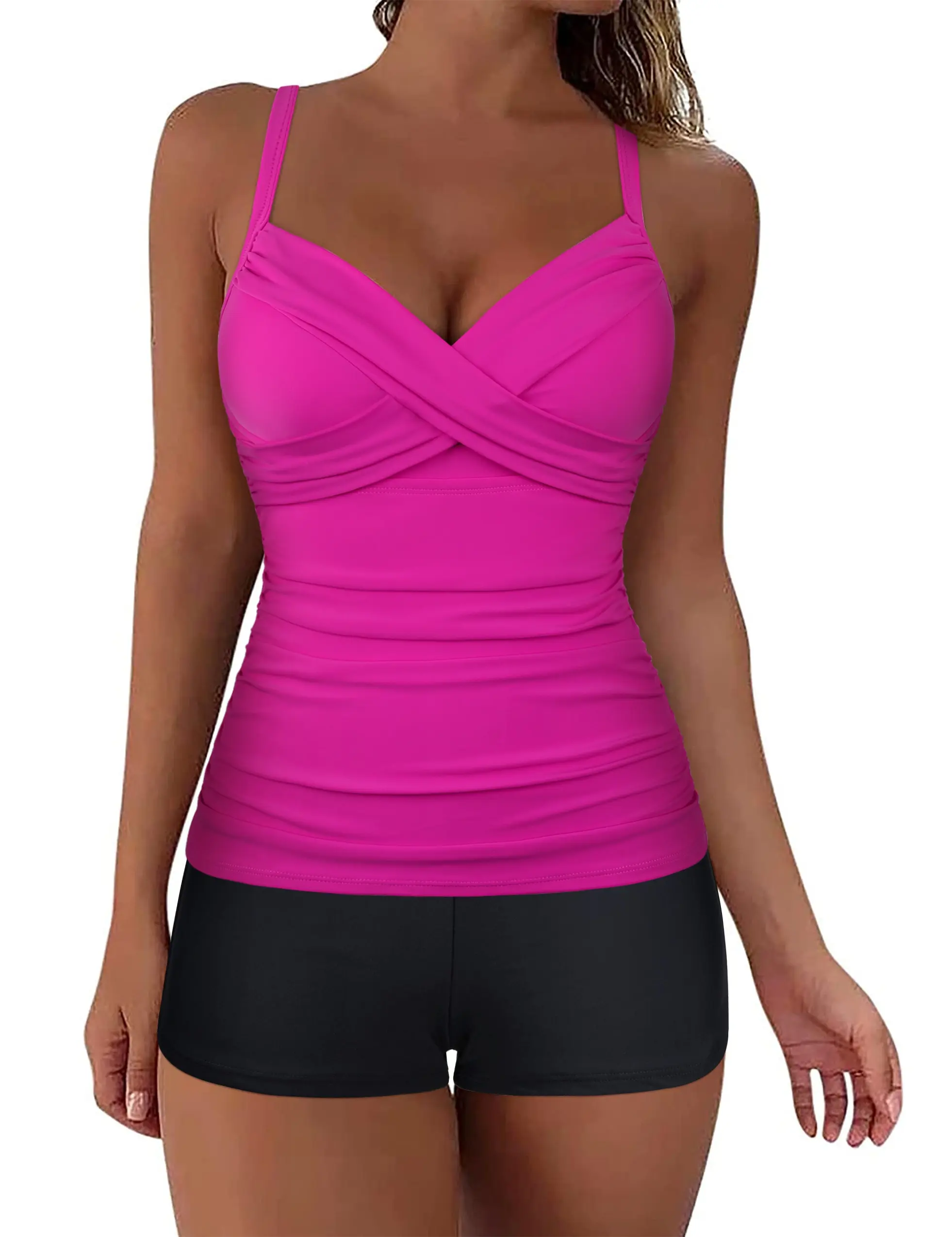 Hilor Women's Underwire Tankini Set V Neck Twist Swimsuit Top with Shorts Two Piece Tummy Control Bathing Suits