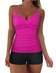 Hilor Women's Underwire Tankini Set V Neck Twist Swimsuit Top with Shorts Two Piece Tummy Control Bathing Suits