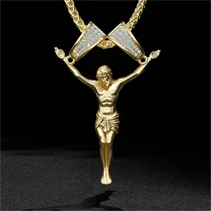 HELLOICE Crucifix Pendant Jesus Necklace for Men 5A+ Cubic Zirconia Hip Hop Religious Big Jewelry with 3mm 24inches Franco Chain for Christmas & Birthday Gift