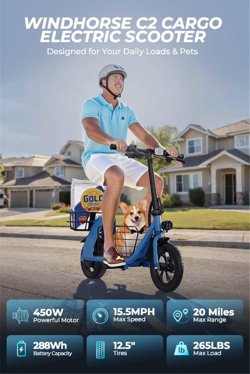 Windhorse C2-Cargo Electric Scooter with Seat Basket, 12.5'' Electric Commuting Scooter Adults 15.5MPH & 20 Miles Long Range, 450W Motor, Dual Disc Brakes, Foldable E-Scooter with Comfort Seat for Pets & Cargo, 265LBS Load