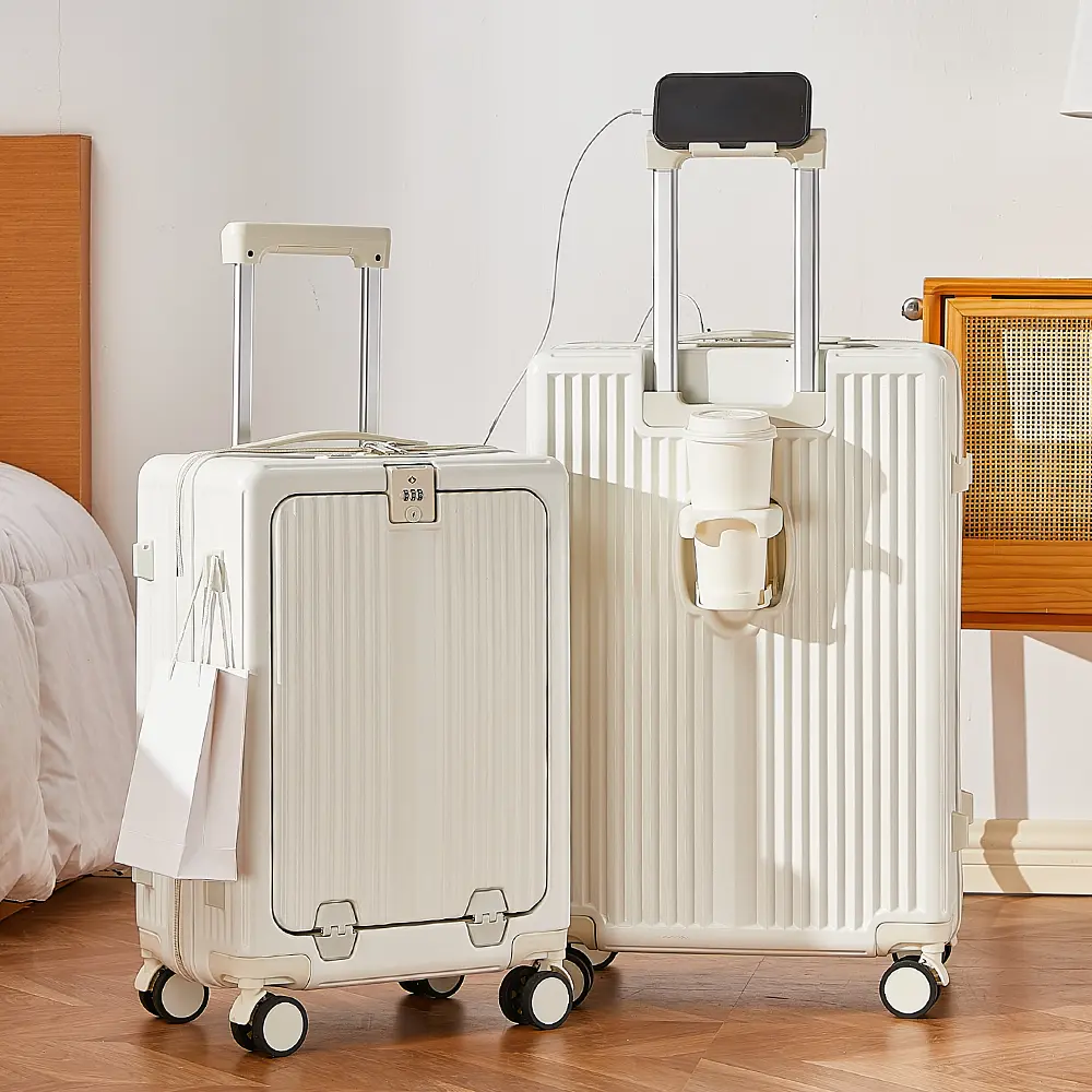 MY Hard Aluminium Frame Carry On Luggage - 20/24in Polycarbonate 4-Wheels 360° Rotation Spinner Suitcase, Front Laptop Pocket, USB Port, TSA Lock, Anti-Theft Built-In Lock, Organizer, Cup Holder, Large Capacity, Dustproof for Travelers - MY6605AL, 20 Inch