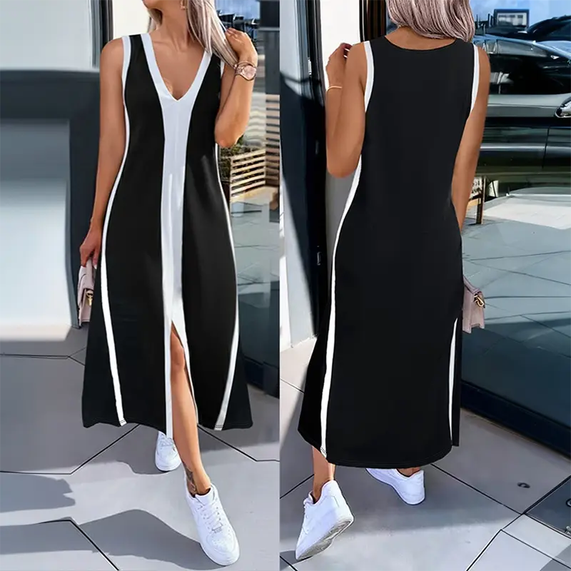 CHICME Women's Striped Plunge Neckline Midi Dress with Slit Detail Casual Loose Fit A Line Sleeveless Dress