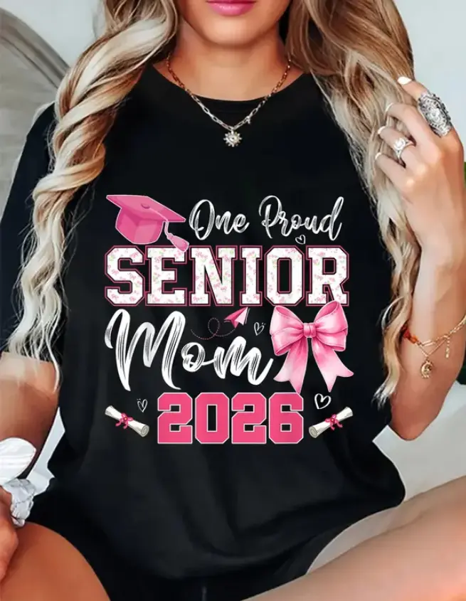 Senior Mom Class of 2026 Graphic T-Shirt for Women, 100% Cotton Short Sleeve Unisex Casual Top for Matching Family Graduation, Tshirt