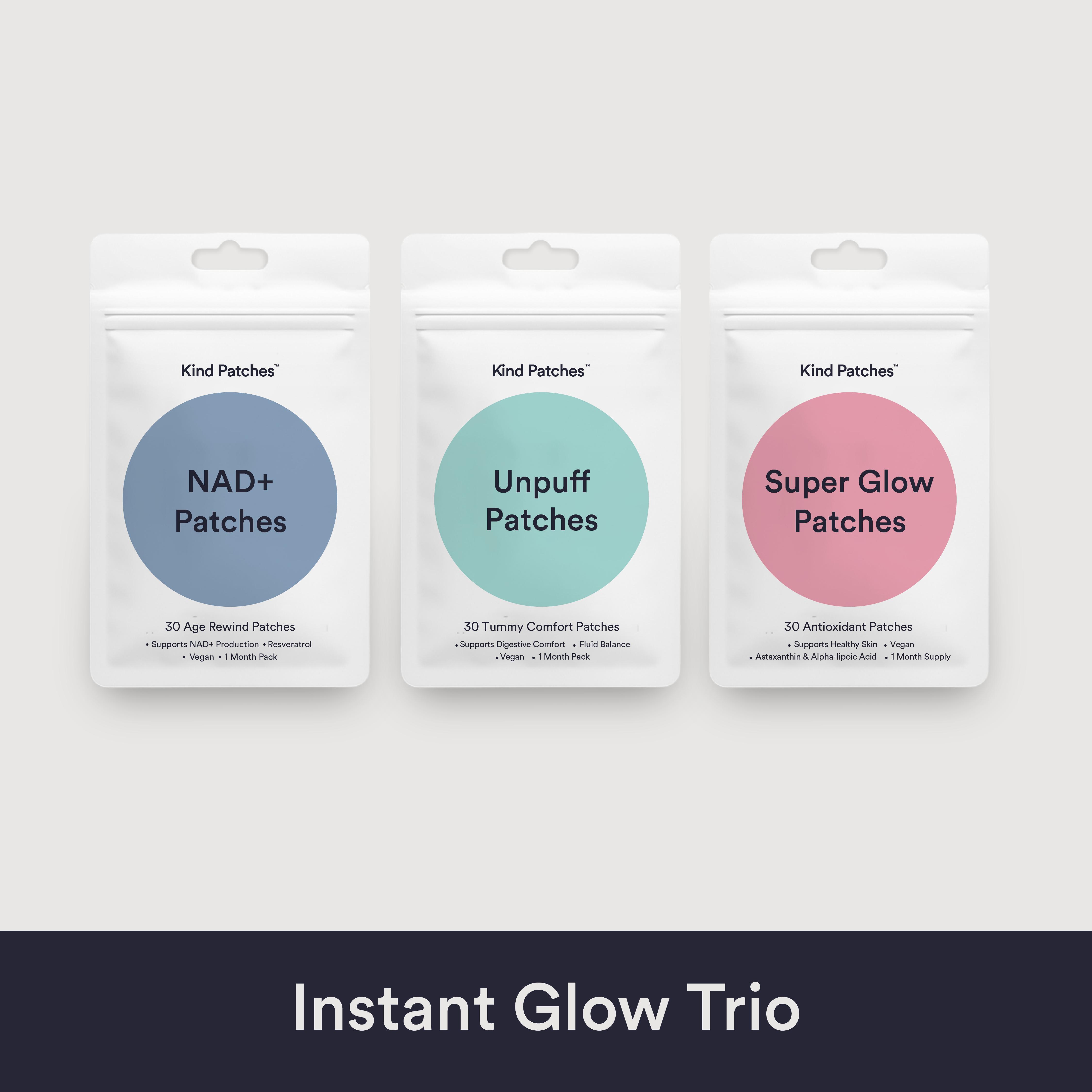 Kind Patches Instant Glow Trio: 30 Unpuff Patches + 30 Antioxidant Patches + 30 Age Rewind Patches, Glow & Smooth Support, Fresh & Radiant Look, Skin Renewal Support,  supports NAD+ Production, Debloat, Vegan, Natural Ingredient, 3 Months Supply