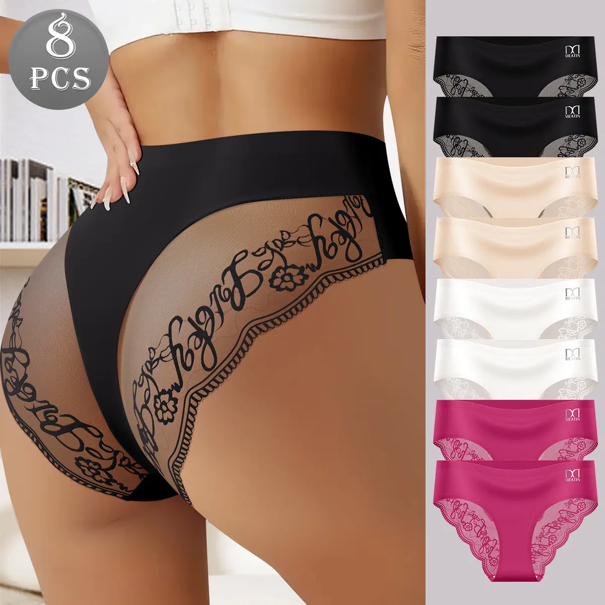 QUASTI Women's 8PCS Mid-Waisted Feminine Lace Panties, Polyester-Spandex Flat No-Show Bikini Underwear, Skin-Friendly Lightweight Breathable High-Stretch Soft Cool Daily Wear, S-XXL