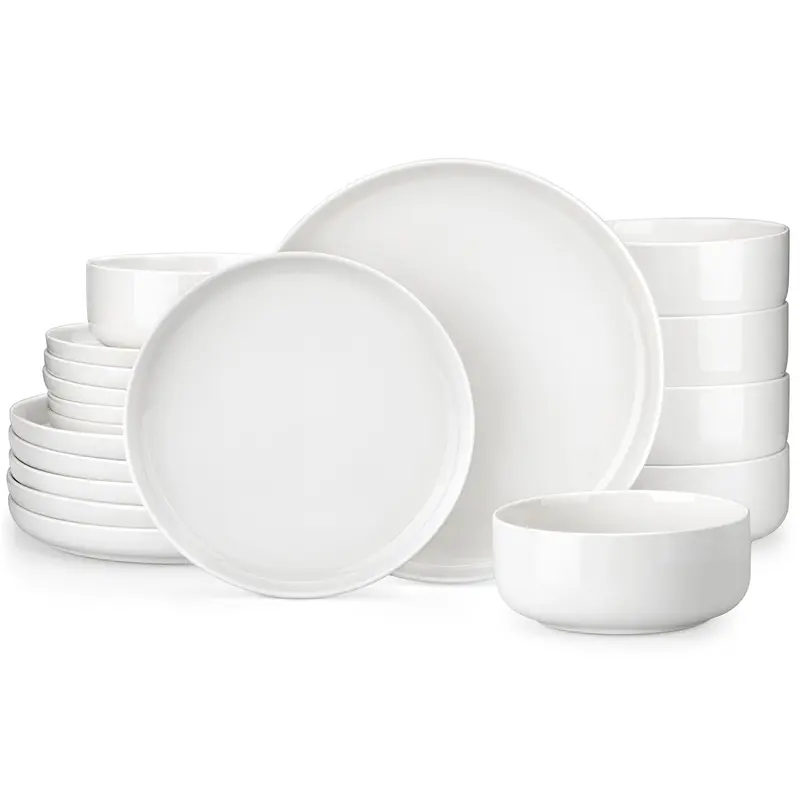 MALACASA LUNA Series Premium Porcelain Plates and Bowls Sets - 18/24-Piece Durable BPA-Free Ceramic Kitchen Tableware for 6, High-Temp Firing, Microwave-Safe for Family Gatherings